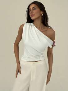 Aloruh Romantic Asymmetrical Neck Ruched 3D Floral Fitted Pink Blouse - White - View 6