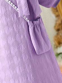 SHEIN Girls Casual Elegant Glamorous Cute Puff Sleeve Short Sleeve Bow Splice Mesh Princess Dress With Diagonal Sling Small Bag - Purple - View 6