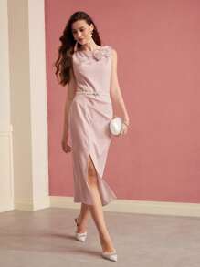 MOTF PREMIUM SLIT STEREO FLORAL DECOR DRESS,VALENTINE'S DAY OUTFIT - Pink - View 4