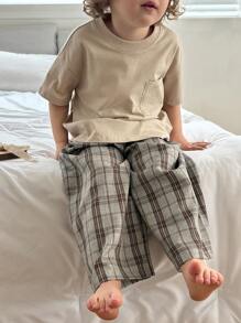 Hapijoa 2 件套幼儿男孩圆领纯色针织短袖 T 恤 + 编织格子裤休闲家居服，春夏 - 杏色 - 查看 2