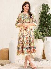 SHEIN Teen Girl Woven Print Shift Dress - Apricot - View 3