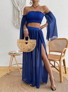 Breezaya 2pcs Women's Vacation Solid Color Off Shoulder Split Sleeve Top And Culottes Set - Royal Blue - View 6
