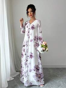 Yasmyna 女士 V 领喇叭袖纯色雪纺花卉度假优雅阿拉伯连衣裙