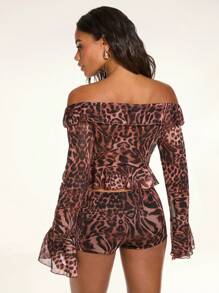 SHEIN BAE Brown Cheetah Animal Print Mesh Ruffled Top Summer Holiday Bohemian Style, Club Sexy, Rave, Festival, Summer Top,Western Wear Women,Cheetah Print Top
