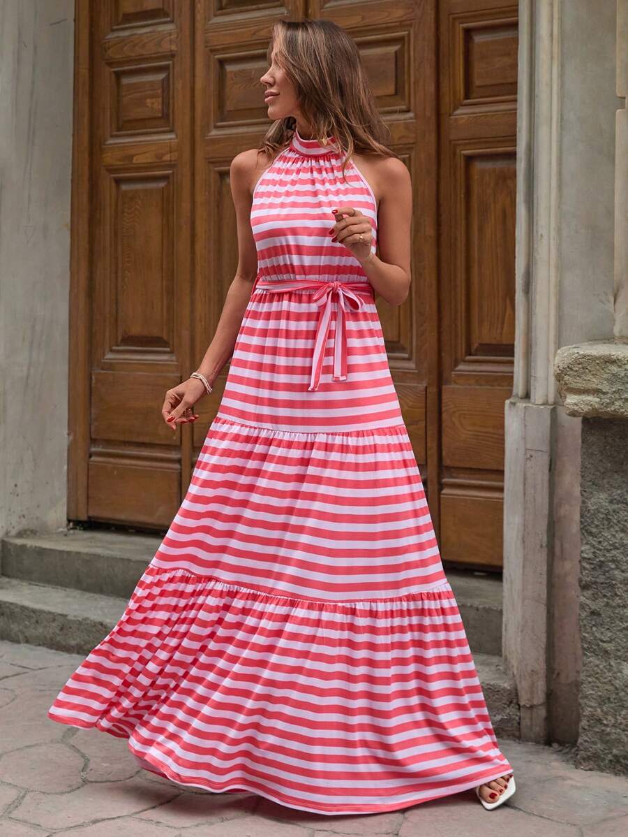 EURMUSE 度假风格，挂脖条纹分层长裙