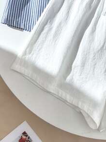 SHEIN 2 件套：少女亚麻条纹蝴蝶结白色休闲短裤 + 运动短裤，适合春夏季、度假、沙滩装