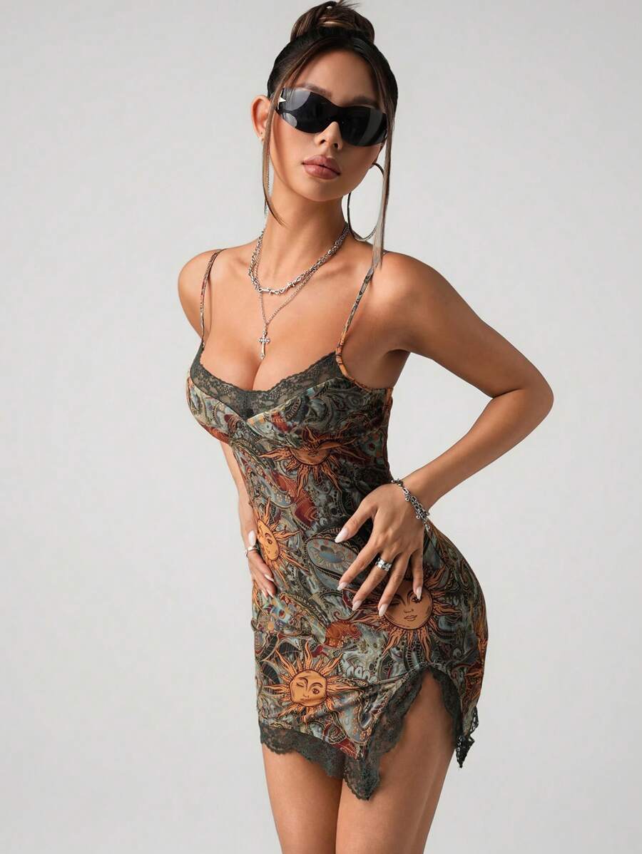 SHEIN ICON Women's  Y2k Spring Beach Boho Green Fashion Vacation Sexy Women's Simple Fashionable Paisley Print  Sun Face Print Slim Fit Camisole Summer Western Wear Women Mini Dress - Multicolor - View 1