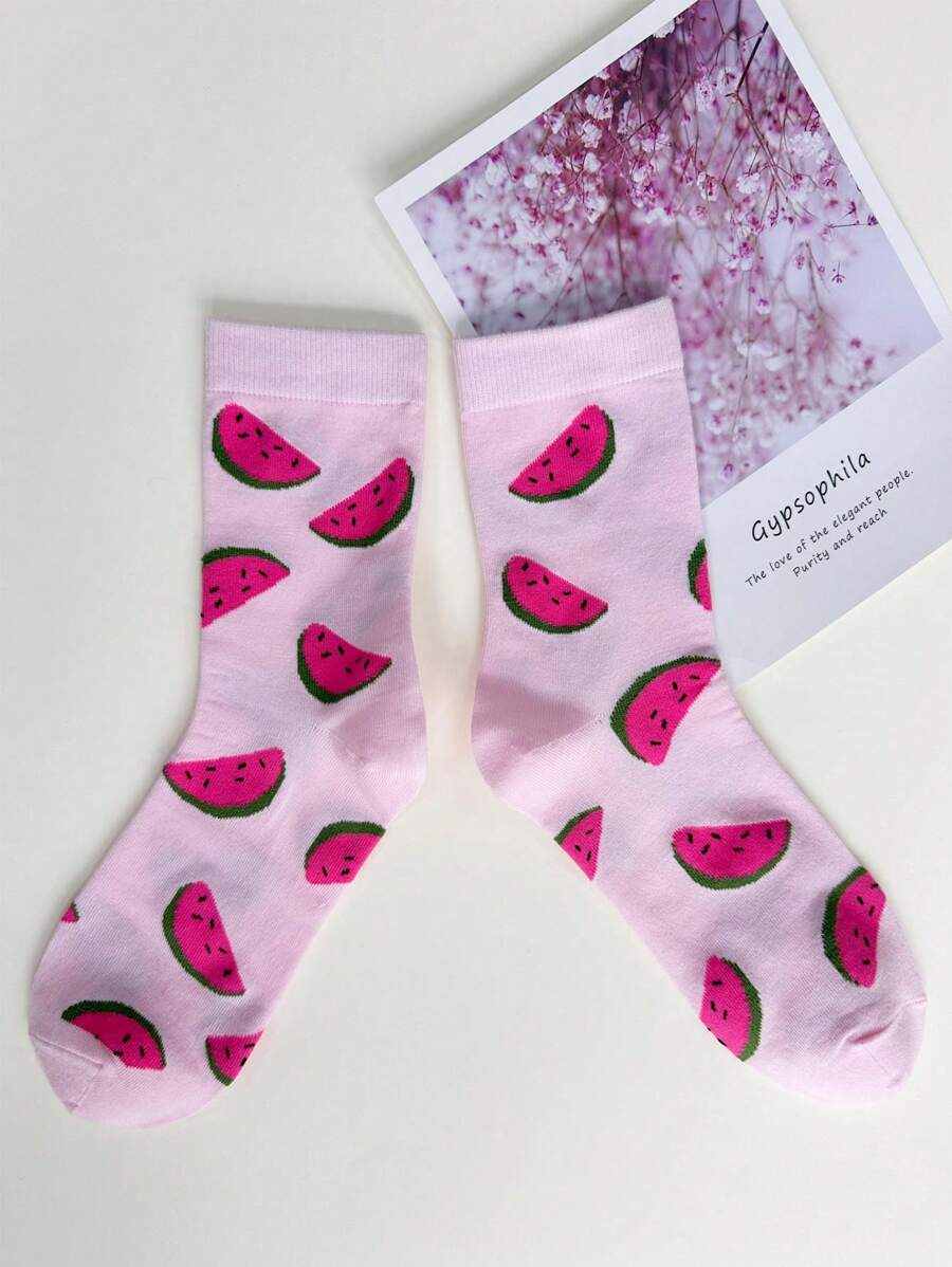 Gibran Gomes 1 Pair Summer Watermelon Printed Women Mid-Calf Socks