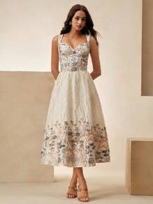 Anewsta Elegant Romantic Floral Print Long Dress, Suitable For Date Night, Vacation, Wedding, Spring/Summer - Grey - View 4