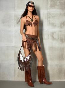 SHEIN ICON Ladies, Women Shoulder Bag, Hobo Bag, Fashionable, Personalized, Simple, Versatile, Street, Sweet And Cool Girls, Hot Girls, Y2k, Retro, Rivets, Vintage, Tassels, Cow Print, Western Style, Bohemian Style, Music Festival, Teenagers, Perfect For Rodeo Occasion, Animal Print Women Bag, 2000s Fashion Style Bag For Women, Vintage Bag For Women - Brown - View 8