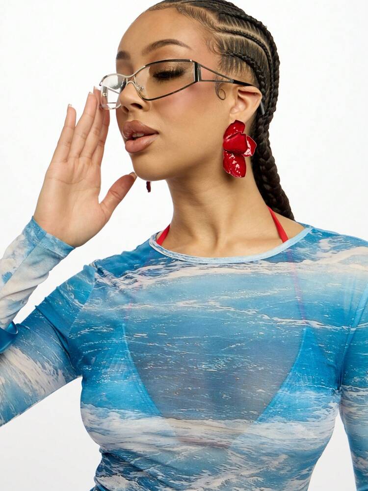 SUMWON WOMEN Vestido con estampado de ola en malla, de manga larga, con diseño de patrón oceánico, para usar como cobertura de traje de baño en vacaciones, fiestas en la playa o la piscina