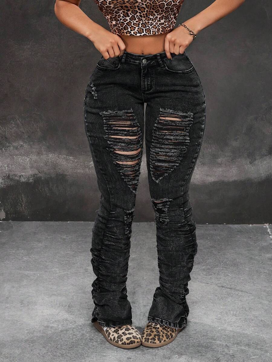 SHEIN ICON Women's Black Ripped Denim Extra Long Jeans: Casual Style With Zipper Detail - Black - View 1