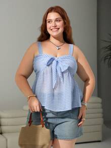 SHEIN EZwear Plus Size Baby Blue Chiffon Shirred Cami Top With Tie Front Detail And Regular Length - Baby Blue - View 5