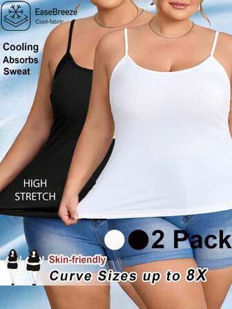 SHEIN CURVE+ 2 件套女士加大码黑白紧身休闲百搭吊带背心，夏季吸湿排汗，曲线加大，波西米亚度假风