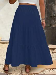 EMERY ROSE Plus Size Casual Solid Color Skirt Maxi Skirt - Navy Blue - View 2
