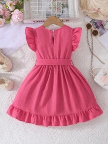 SHEIN Vestido casual cómodo con volantes y cinturón a la cintura para niña, verano
