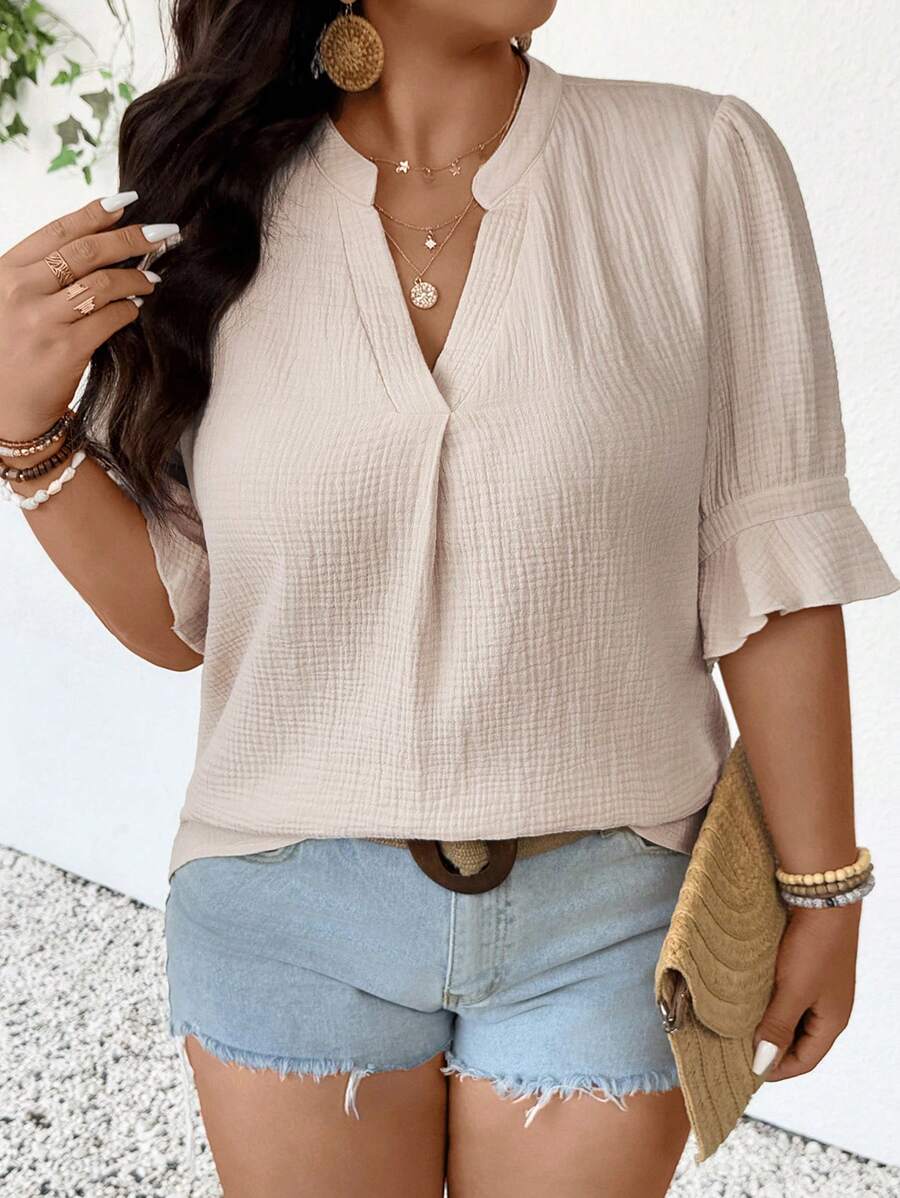 SHEIN Frenchy Plus Size Women V-Neck Loose Casual Apricot Ruffle Splice Shirt, Summer Holiday - Apricot - View 1