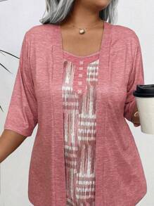 Plus Size Women Tie-Dye Print Patchwork Short Sleeve T-Shirt, 2 In 1 - Baby Pink - View 5