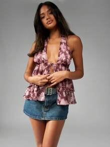 MISSGUIDED Top canottiera con collo alto a balze, stampa floreale in chiffon, con fiocco davanti e schiena scoperta, stile Y2K, adatto per festival estivi