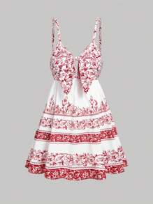 SHEIN MOD Spring And Summer New Plus Size Women's Bohemian Placement Print Loose Vintage Doll Dress, Suitable For Vacation, Country Music Festivals, Afternoon Tea And Other Occasions