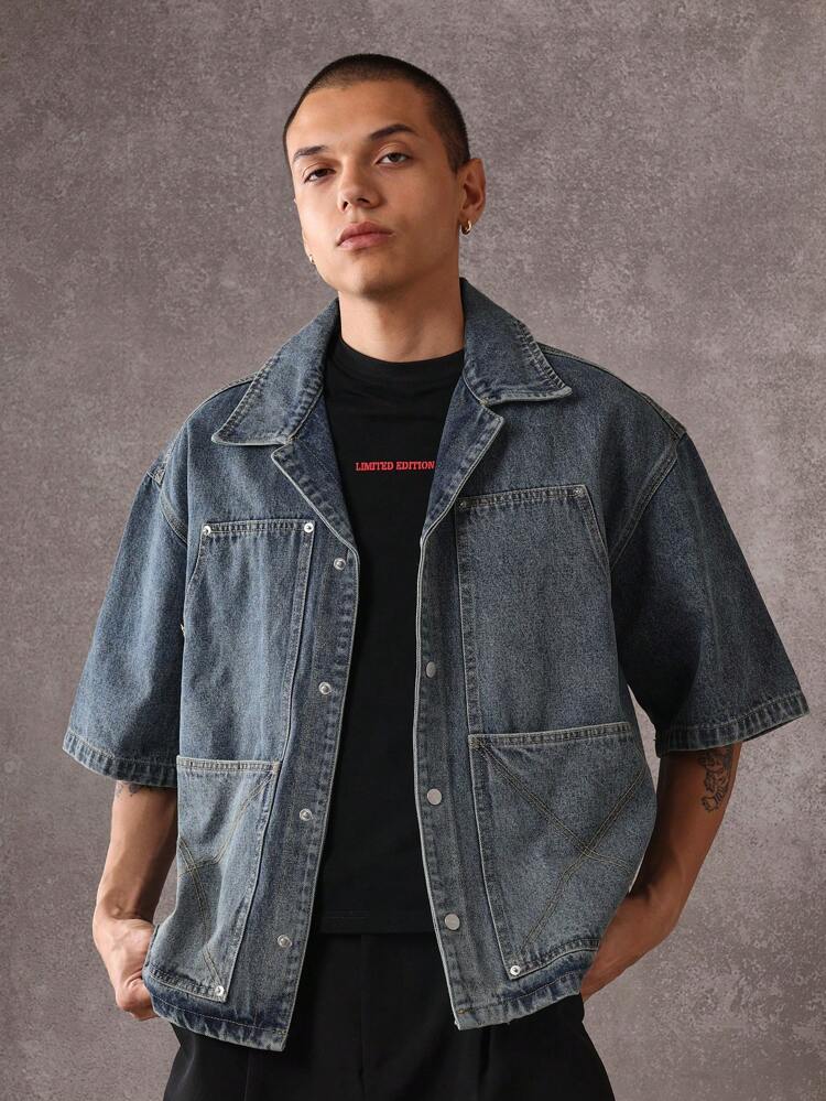 Jaqueta Denim oversized estilo carpinteiro manga curta