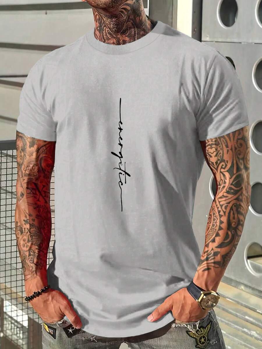 RueChic Men's Letter Print Round Neck Short Sleeve Casual Versatile T-Shirt