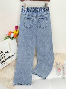 Teen Girls Y2K Style Street Fashion Vintage Light Wash Distressed Loose Straight Leg Jeans, Soft & Comfortable Fabric, Versatile Casual Wear - Medium Wash - View 2