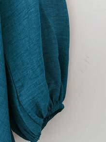 Linhara Plus Size Vacation Casual Solid Color Lantern Sleeve Shirt And Trousers 2 Pieces Set Fall Cloth For Women - Teal Blue - View 4