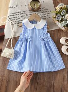 Baby Girl Korean Casual Cute White Collar Sleeveless Woven Front Waist Bow Plaid Dress - Multicolor - View 1