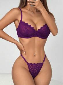 SHEIN 2pcs/Set Women's Fashion Comfortable Lace Wire-Supported Lingerie Bra Set