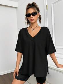 SHEIN EZwear 加大码加大码V领短袖口袋T恤，休闲日常装，大学生，春夏 - 黑色 - 查看 3