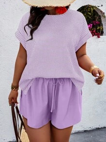SHEIN Holidaya Plus Size Women Plaid Print Batwing Sleeve Shirt And Shorts Casual Outfit Set Women Summer Sets Woman S Summer Clothes Women S Clothes