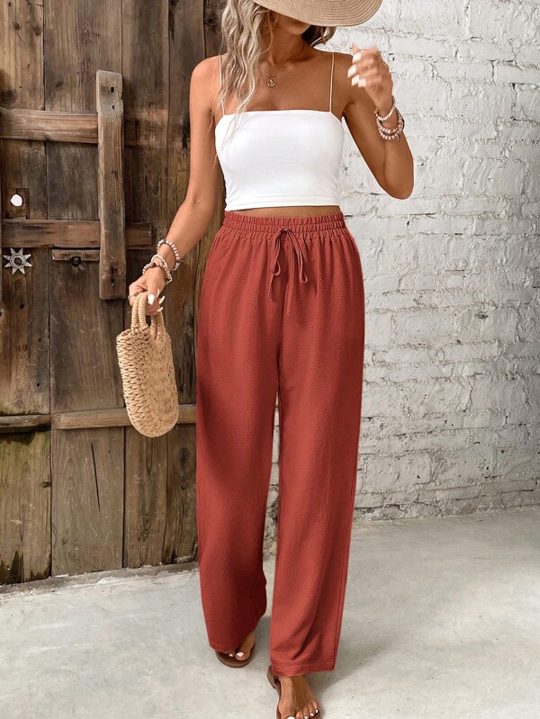 SHEIN Frenchy Pantalon décontracté droit ample avec ceinture, couleur unie, polyvalent pour femmes