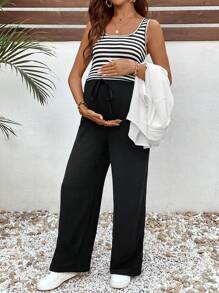 SHEIN Maternity White Top + Black & White Striped Print Tank + Black Pants 3-Piece Set - Multicolor - View 3