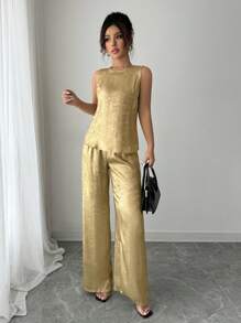 Elenzga 2pcs/Set Women Gold-Color Sleeveless Top And Wide Leg Pants - Gold - View 5