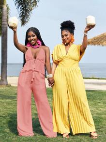 Slaydiva New Casual Vacation Halterneck Strappy Top + Wide-Leg Super Long Pants Bamboo Fabric White Women's Two Pieces Set-M - Pink - View 7