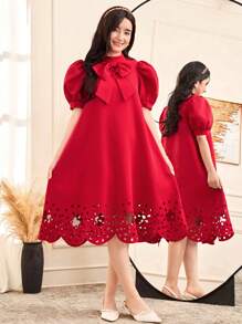 SHEIN 青少年女孩宽松休闲简约立领泡泡袖镂空图案连衣裙 - 紅色 - 查看 1