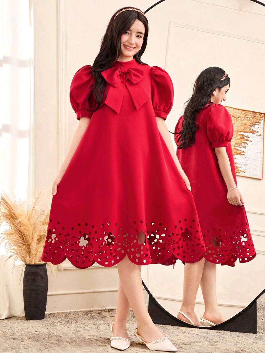 SHEIN 青少年女孩宽松休闲简约立领泡泡袖镂空图案连衣裙 - 紅色 - 查看 1