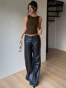 Aloruh 女士通勤休闲露背蝴蝶结圆领无袖衬衫 - 棕色 - 查看 7