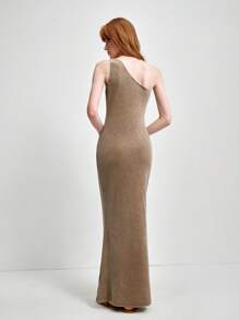 SHEIN LUNE Damen Neu Elegant Hochwertig Design Elastisch Rippstrick Bodycon asymmetrischer Ausschnitt Einschulter Maxikleid