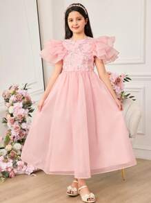 Pitira Pitira Tween Girl Elegant Summer Pink Organza Floral Mesh Dress - Pink - View 5