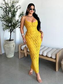 SHEIN SXY 女士纯色镂空性感紧身连衣裙 - 芥末黃 - 查看 5