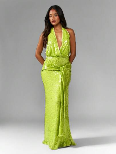 MISSGUIDED Sequin Halter Backless Plunge Maxi Dress ChristmasMISSGUIDED