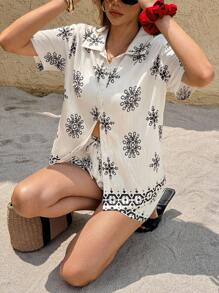 SHEIN Frenchy 2 bộ áo sơ mi tay ngắn họa tiết hoa ngày lễ dành cho nữ và quần short thường ngày - Nhiều màu - Xem 5