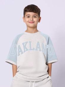 SUMWON Classic Varsity Style Raglan T-Shirt Set Youth Athletic Two-Piece Summer Casual Outfit With Oakland Text Print Coordinates