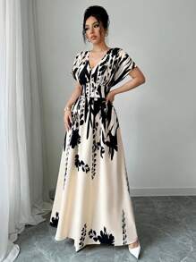Elenzga Vestido largo con estampado floral, cintura ceñida y escote en V, elegante para primavera/verano/otoño/invierno, ropa de mujer para conciertos, vestidos de noche, apto para uso diario, viajes, temporada de bodas/festivales de música