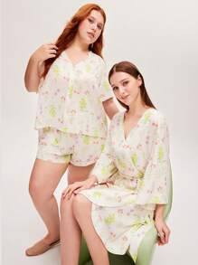 LUVLETTE Soft Rayon Vacation Floral Patterned Elegant Flared Sleeves Tie-Front Women Loungewear Airy Robe Wedding Essentials Lingerie Bridal Intimates& Pyjamadressing - White - View 7