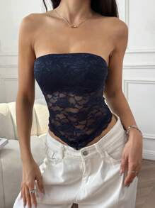 SHEIN EZwear Ladies Lace Trim Minimalist Bandeau Top, Casual Everyday Wear