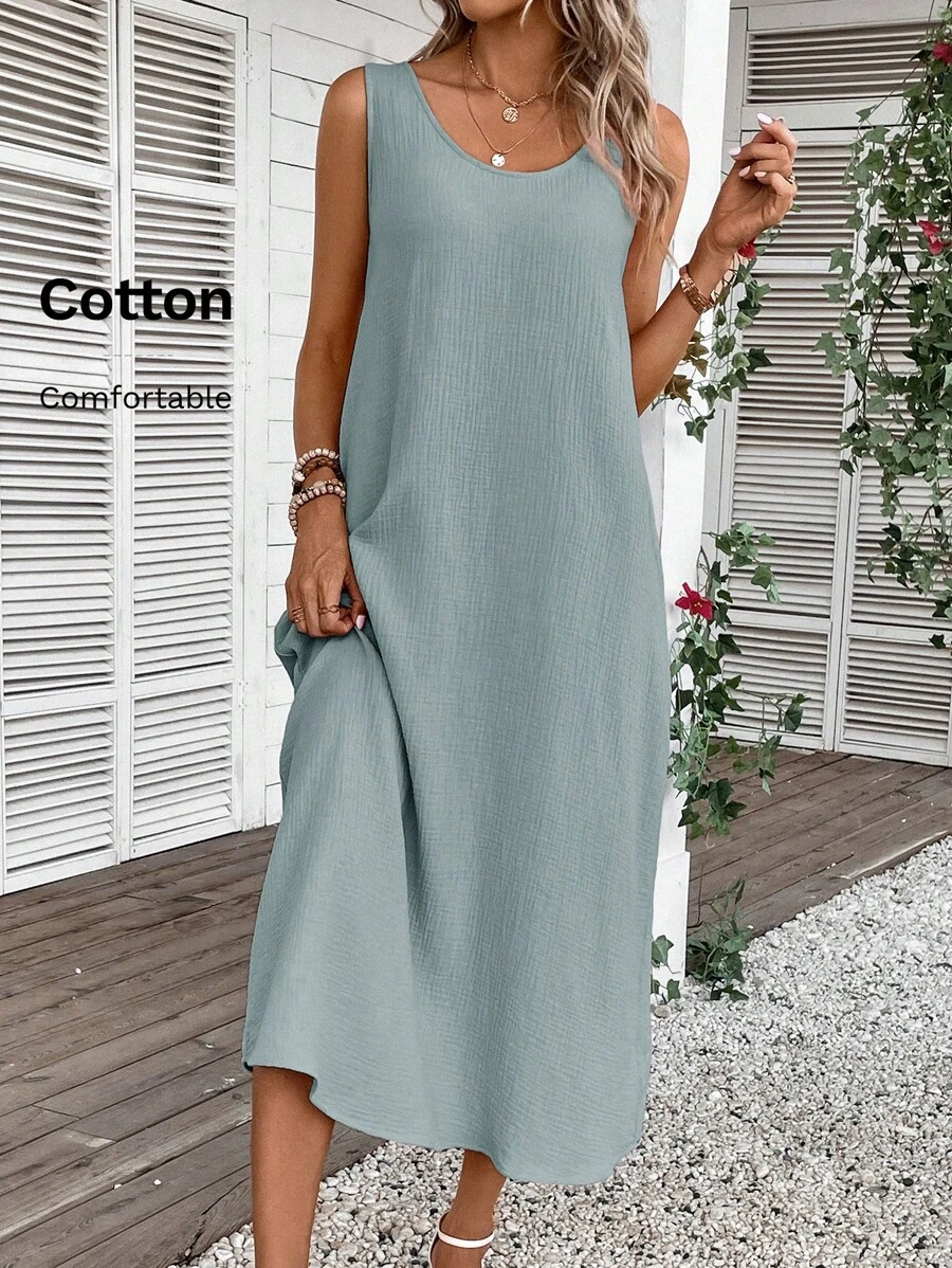 EMERY ROSE Women Loose Texture Round Neck Simple Summer Tank Dress - Dusty Blue - View 1