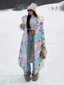 EURMUSE All Over Printed Long Line, Hooded Self Fabric Belted Down Coat - Multicolor - View 4